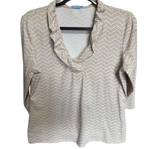 J.McLaughlin Durham Ruffle Top Chevron Catalina Cloth Blouse Tan Whit Size Large - Picture 4 of 11